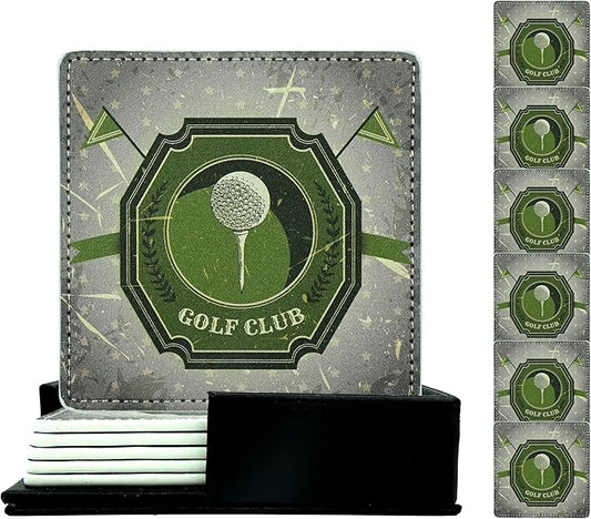 Marble Coasters Square Leather Drinks Coaster Set with Holder for Coffee Table Bar Home Decor 4 Inches Set of 6 (Golf, One Size)
