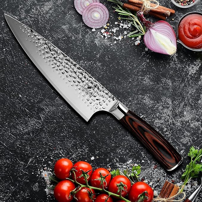 imarku Damascus Chef Knife, 8 Inch Kitchen Knife Ultra Sharp Cooking Knife HC German Stainless Steel Japanese Knife for Kitchen, Hand-Hammered Design, Ergonomic Handle, Birthday Gifts for Men Women