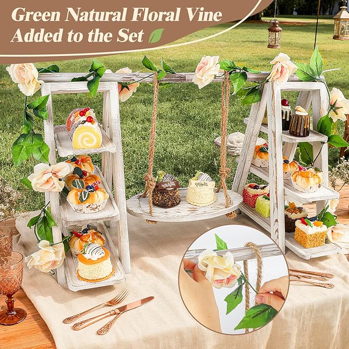Wooden 3 Tier Cupcake Stand with Swing and Flower Decoration Serving Removable Tray Display Serving Ladder Foldable Stand with Serving Platter Tray Party Food Display Set for Cake Snack Fruit Chips Bread Centerpieces Catering