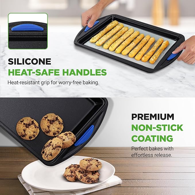 NutriChef 3-Piece Nonstick Cookie Sheet Tray Set - Baking Pans with Blue Silicone Handles, Stackable Design, Easy to Clean, Small, Medium, Large Carbon Steel Cookie Pans, Oven Safe to 446°F