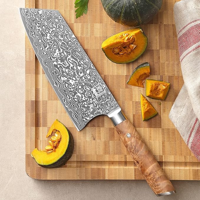 zayiko Kinone Kiritsuke Knife – 7.9-Inch Damascus Chef Knife | 67 Layers Damascus Steel with VG10 Core | Ergonomic Birch Root Wood Handle | Professional Kitchen Knife in Gift Box