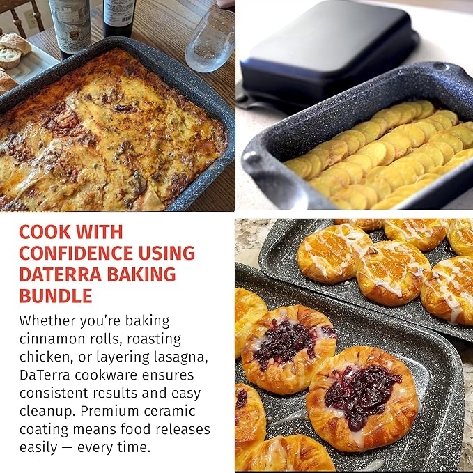 DaTerra Cucina Nonstick Baking Bundle – Roasting & Lasagna Pan, Twin Pack Ceramic Baking/Cookie Sheets, Dual Covered Roasting Pan Set – Made in Italy, Volcanic Black