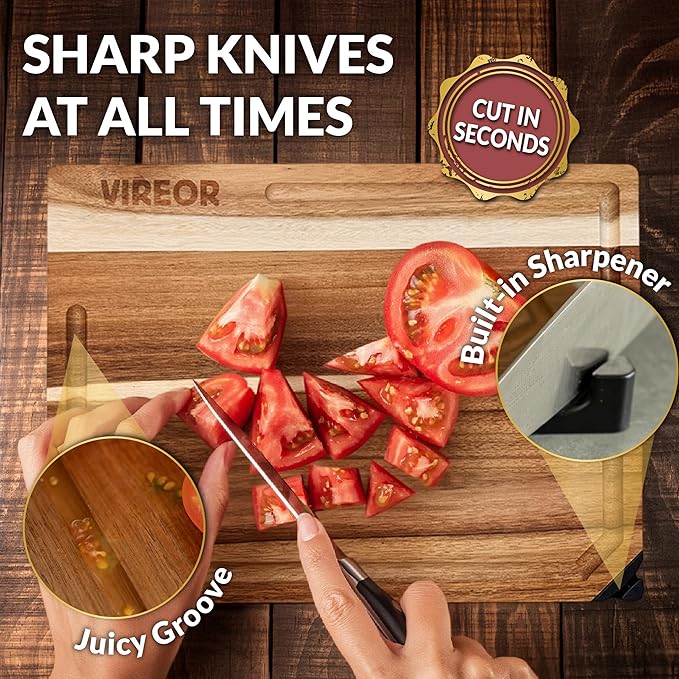 Acacia Wood Cutting Board Set with Knife Sharpener & Wax – 3 Durable, Eco-Friendly Boards with Stand – Perfect for Chopping, Serving & Impressing in the Kitchen