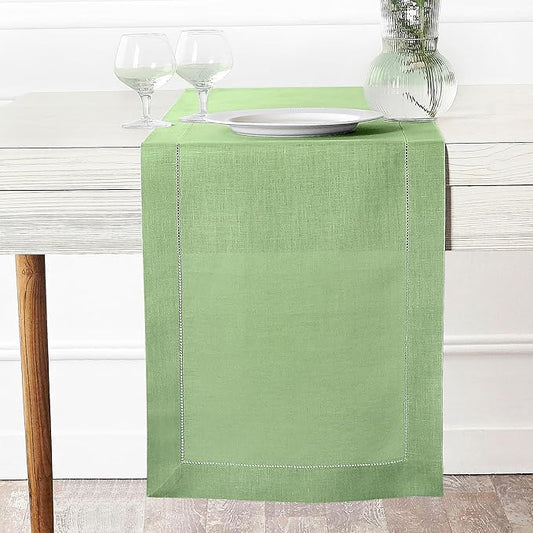 D'Moksha Homes Linen Sage Green Table Runner 120 Inches Long - 100% Pure Linen Hemstitch 14 x 120 Inch Table Runner for Dining, Spring, St Patricks Day, Easter - Classic Hemstitch