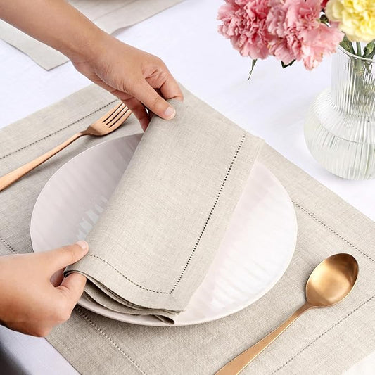 D'Moksha Homes Light Natural Linen Napkins Set of 8 - Classic Hemstitch 100% Pure Linen Hemstitch Dinner Napkins 20 x 20 Inch for Valentines, Spring, Easter - Handcrafted and Machine Washable