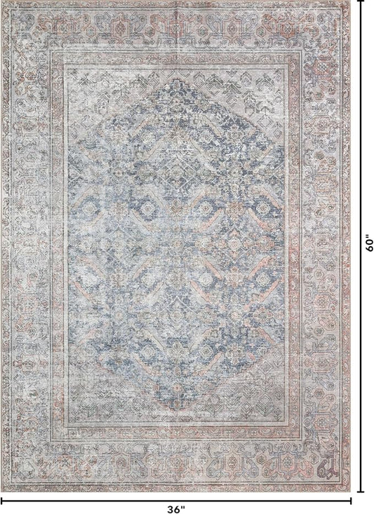 Kuden 3x5 Small Rug, Machine Washable, Non-Slip Backing, Vintage Style, Soft, Low Pile, Area Rugs for Entryway Kitchen Indoor Entrance