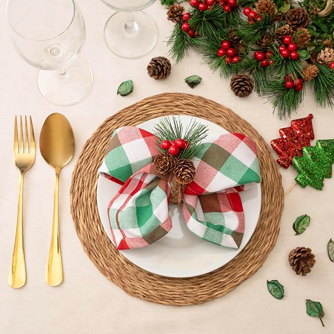Blue Needles Gingham Buffalo Plaid Cloth Napkins 100% Cotton Set of 12 Dinner Table Christmas Napkins 18x18 inch Soft, Reusable, Washable for Parties & Everyday Use - Christmas White, Red & Green