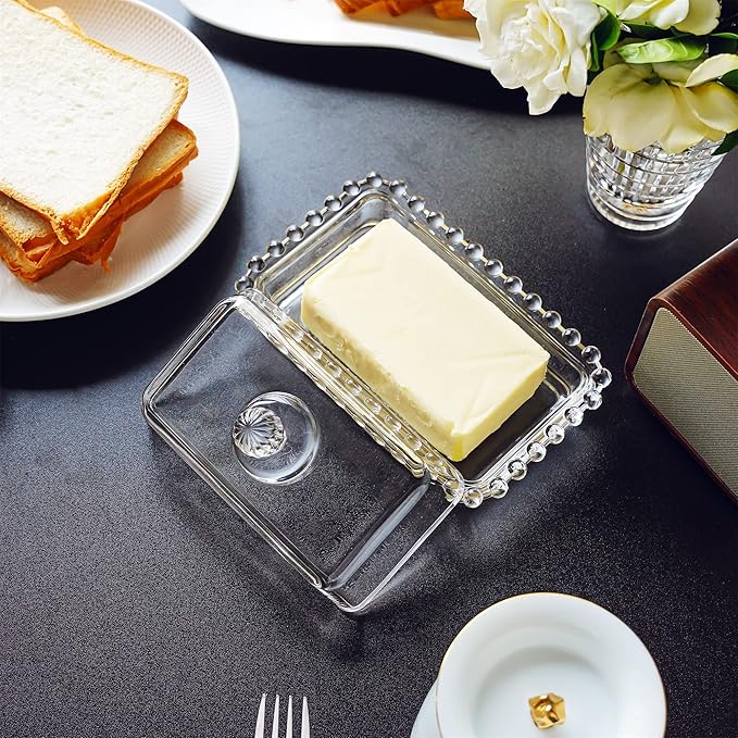 6.5'' Clear Glass Butter Dish with Handled Lid,Classic 2-Piece Design Butter Keeper For Countertop,Dishwasher Safe
