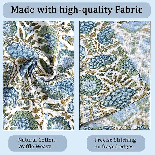 Ridhi Asparagus Green Hand Block Print Cotton Waffle Dish Cloth Set of 12-12x12 Inch Super Absorbent, Soft, Reusable Kitchen Towels for Dish Drying Cleaning, Ideal for Spring, Easter, Valentine