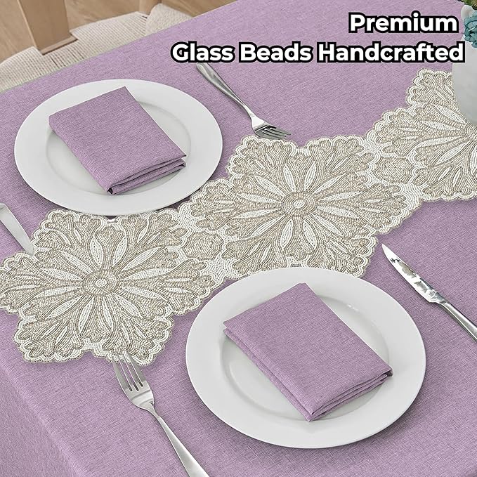 Elegant Glass Bead Beaded Runner 36 inch - 13"x36" Beaded Decorative Runner for Farmhouse, Wedding, Bridal, Holiday & Festive Décor, Unique Handmade Centerpiece (Off White) - ALPHA Living HOME