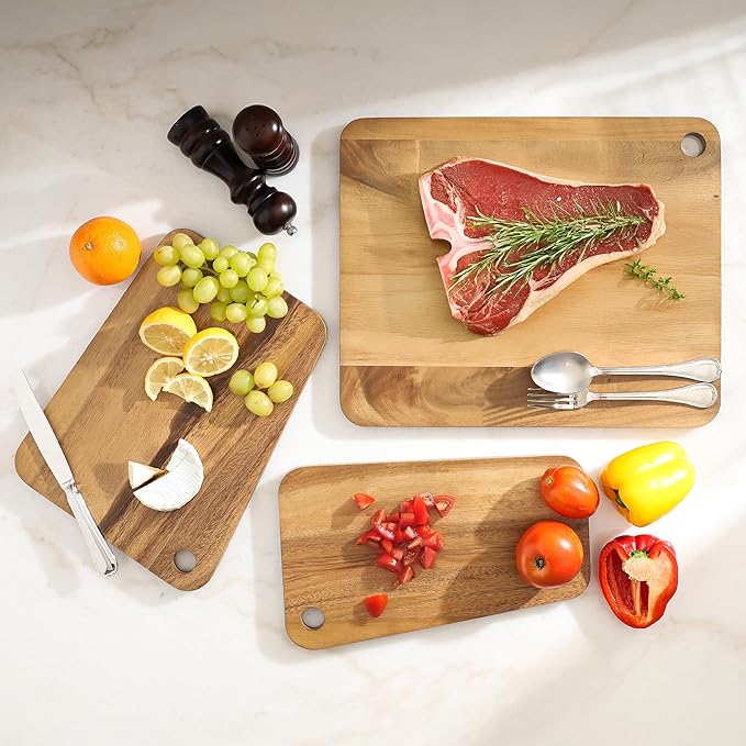 Sango Acacia Cutting Board Set with Slant Edge and Hanging Holes, 3-Piece - Wood Chopping Boards, Stackable & Reversible for Kitchen, Non-Toxic, Perfect as Butcher Block Countertop, Atelier