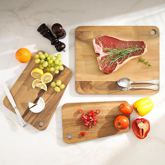 Sango Acacia Cutting Board Set with Slant Edge and Hanging Holes, 3-Piece - Wood Chopping Boards, Stackable & Reversible for Kitchen, Non-Toxic, Perfect as Butcher Block Countertop, Atelier