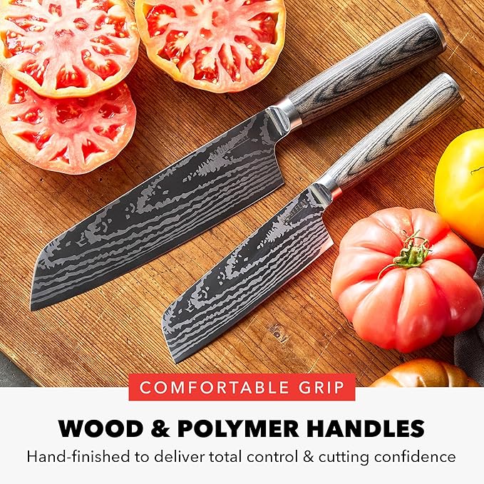 GreenPan x Bobby Flay 5” & 7” Santoku Knife Set, Premium Stainless Steel Blades, Precision Cutting Kitchen Tools, Ultra-Sharp Cutlery, Hand Finished Ergonomic Wood Handle, Damascus Steel Design