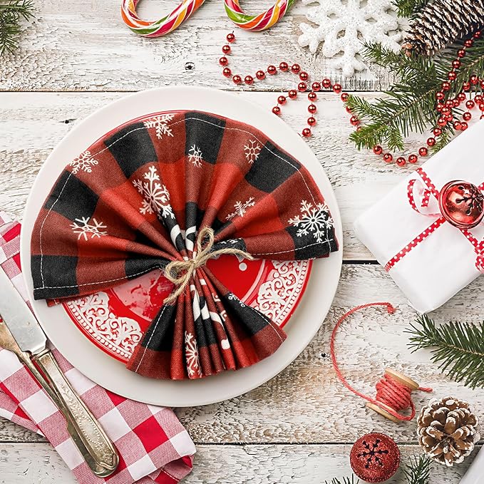 24 Pcs Christmas Plaid Cloth Napkins Buffalo Gingham 15 x 15 Inches Snowflakes Black and Red Checked Cotton Dinner Napkins Soft Absorbent Washable for Holiday Winter Xmas Party