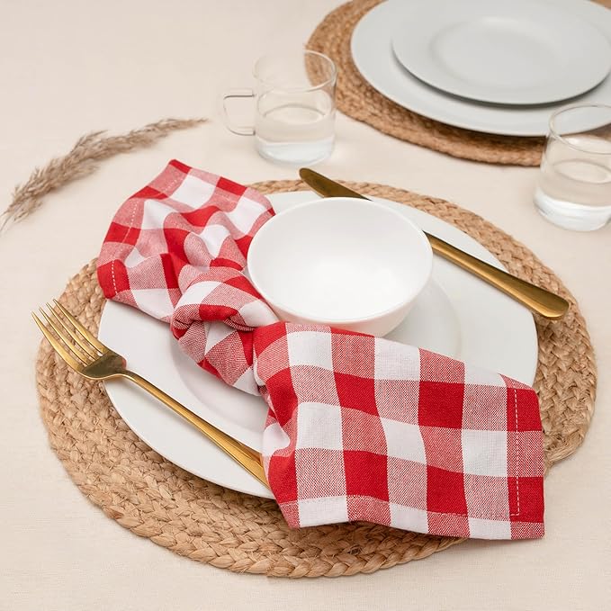 Blue Needles Gingham Buffalo Plaid Cloth Napkins 100% Cotton Set of 12 Dinner Table Napkins 18x18 inch Soft, Reusable, Washable Perfect for Valentine's Day Parties & Everyday Use - Red & White