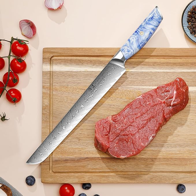 SHANGDAO Brisket Slicing Knife - 10 Inch Professional Kitchen Carving Knife, Forged VG 10 Damascus Steel, Meat Kitchen, Full Tang, Ergonomic Resin Handle