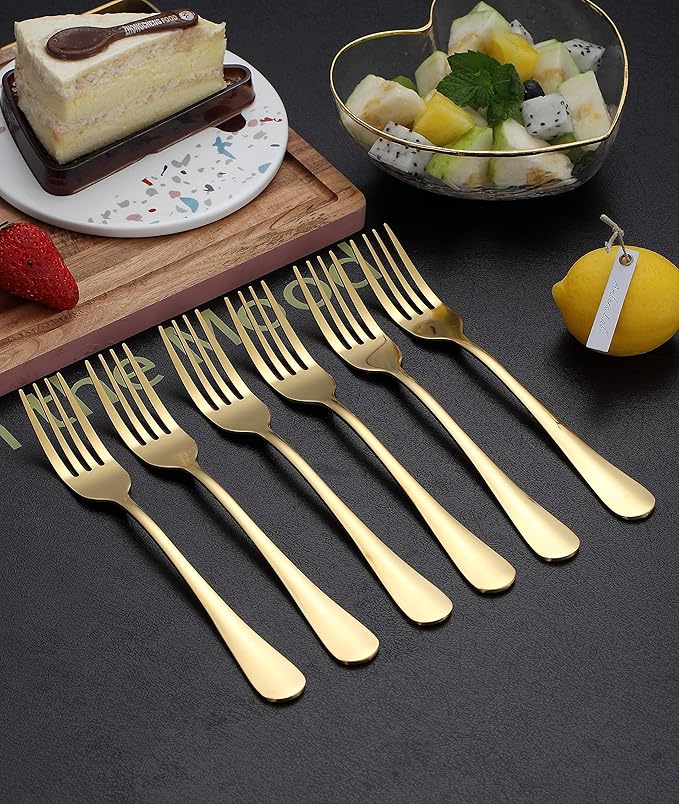 Kyraton Gold Dinner Forks - 6 Piece Set, Stainless Steel, 8.17 Inch, Titanium Plated Wedding Silverware