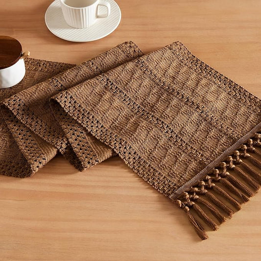 ZeeMart Macrame Style Boho Table Runner, Brown Table Runners 48 Inches Long, Farmhouse Woven Home Decor, 12x48 Inch, Caramel