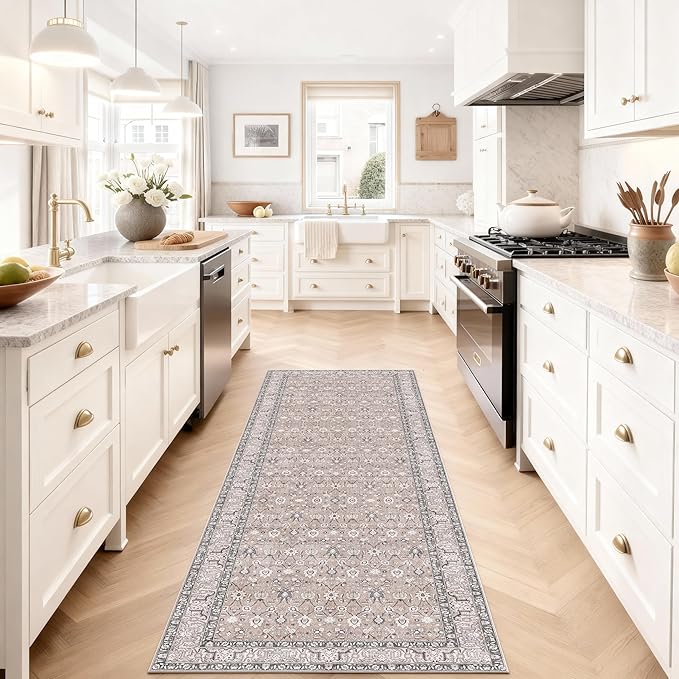 Kuden 2'6"x12 Runner Rug, Machine Washable Area Rug with Non-Slip Backing, Vintage Style, Soft, Easy Clean, Low Pile Rug for Hallway, Entryway, Kitchen, Bedroom