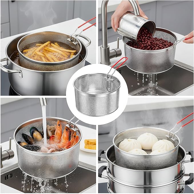 TOPZEA Set of 2 Pasta Strainers, Stainless Steel Spaghetti Noodle Strainer Basket Deep Fry Basket with Removable Handle Kitchen Food Colander for Boiling, Frying, Blanching, Draining, Steaming