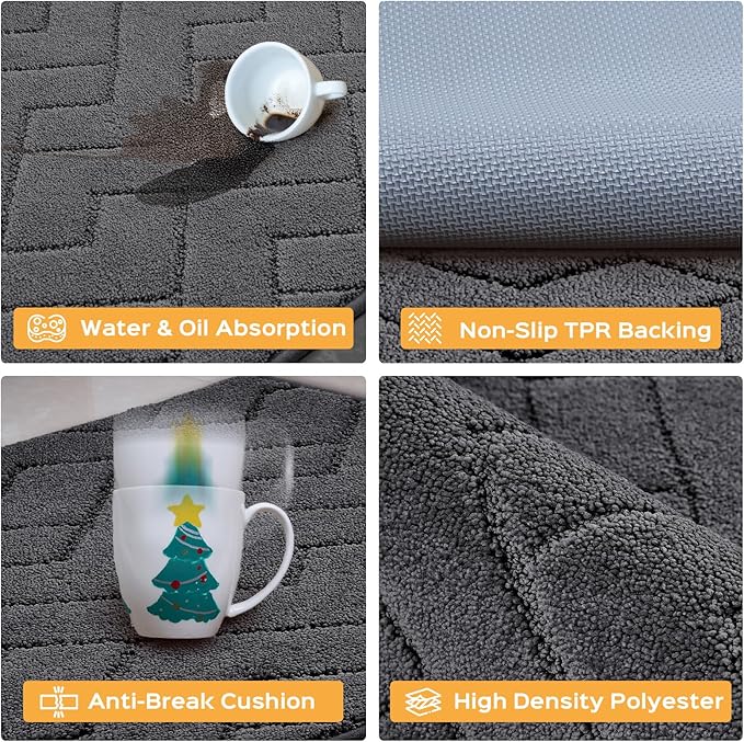 Machine Washable Kitchen Rugs Set (24" x 36"+24" x 60"), Non-Slip Kitchen Runner Rugs Mats for Floor, Absorbent Comfort Standing Mats for Kitchen, Sink and Hallway, Rolled Packaging, Charcoal