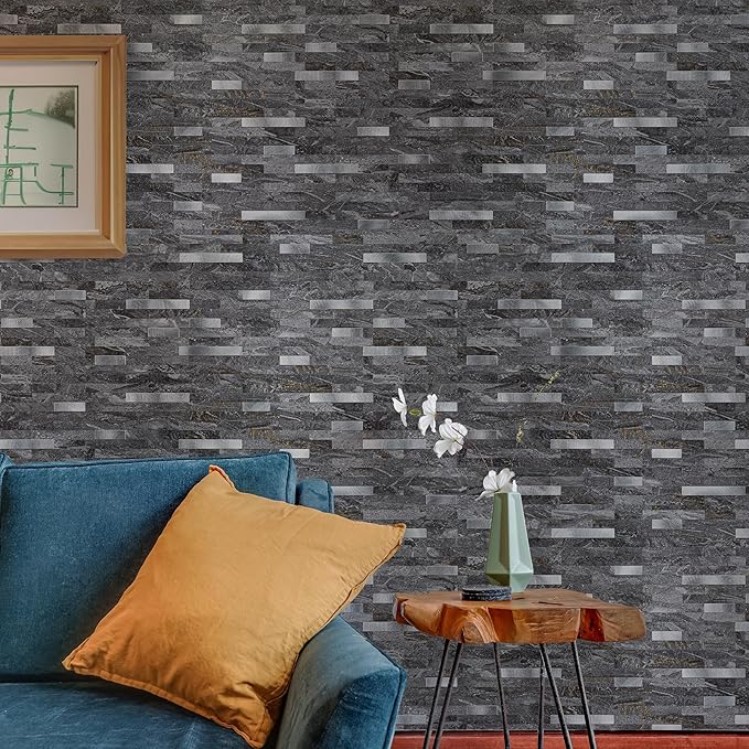 20 Sheets Peel and Stick Backsplash for Kitchen, Gray-Gold Stone with Metal Silver Look Stick on Tile Upgrade Your Kitchen Backsplash, RV, Fireplace