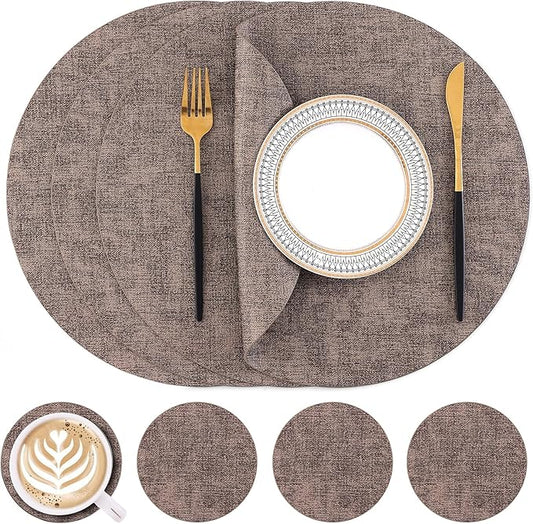 Homaxy Round Faux Leather Placemats and Coasters, Washable Dual-Side Table Mats, Wipeable Heat-Resistant Dining Place Mats for Outdoor and Indoor, Set of 4, Diameter 13 and 3.93 inch, Dark Brown