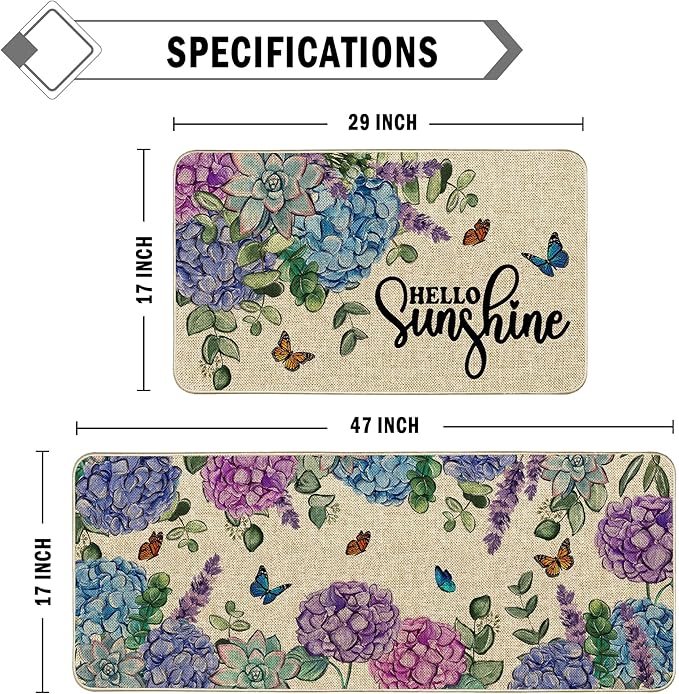 Spring Kitchen Rug and Mat Set of 2 Hydrangea Flowers Floor Mat Non Slip Rubber Backing Low-Profile Kitchen Rugs for Floor Summer Kitchen Decor for Home Bath Office- 17x29 and 17x47 Inch
