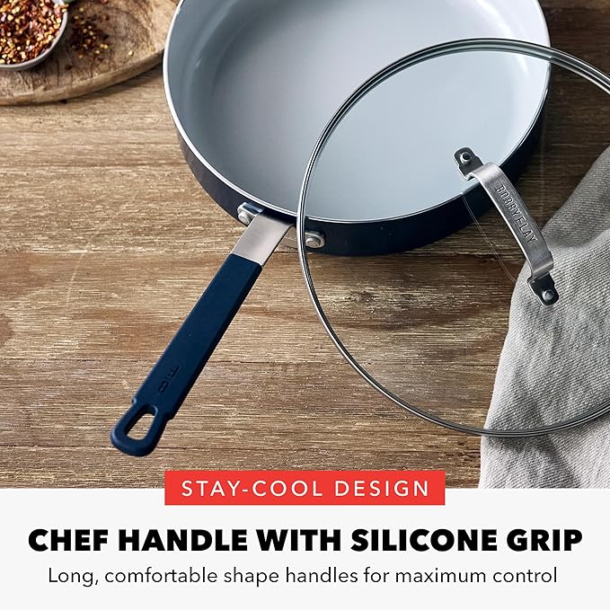 GreenPan x Bobby Flay 4.5QT Nonstick Saute Pan with Glass Lid, PFAS-Free Diamond Ceramic, Induction Suitable, Stay-Cool Silicone Handle, Easy Clean Dishwasher & Oven Safe, Navy Blue
