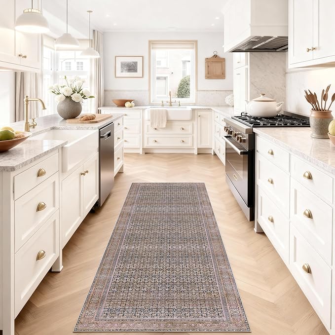 Kuden 2'6"x7' Runner Rug, Machine Washable Area Rug with Non-Slip Backing, Vintage Style, Soft, Easy Clean, Low Pile Rug for Hallway, Entryway, Kitchen, Bedroom