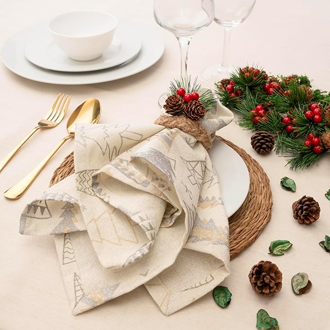 Blue Needles Set of 12 Christmas Buffalo Plaid Cloth Napkins - 100% Cotton Christmas Trees Gingham Checked Napkins 18 x 18 Inches, Soft, Reusable & Washable Ideal for Festive Parties and Decoration