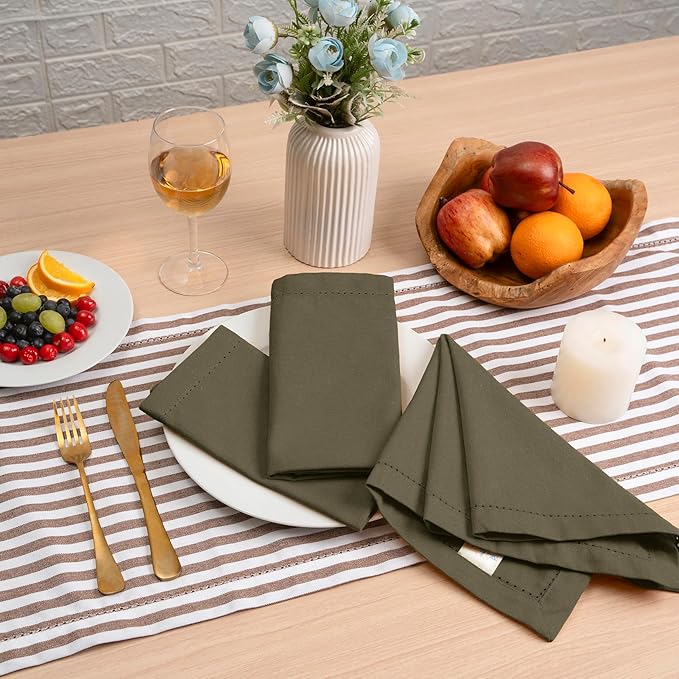 Blue Needles Set of 12 Hemstitch Linen Napkins 100% Cotton Olive Green Cloth Dinner Napkins 18x18 inches, Soft, Reusable, Absorbent, Washable Ideal for Wedding Events, Parties & Everyday Use