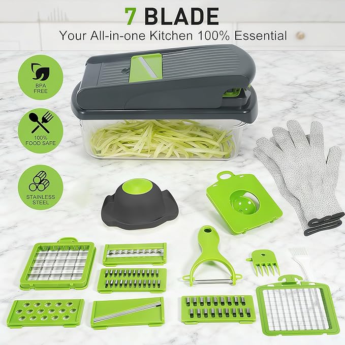 Multifunctional Mandoline Slicer with 7 Blades, Vegetable Chopper Food Cutter with Container, Onion Dicer Potato Grater Salad Prep Tool, Stainless Steel Kitchen Gadgets for Veggie Fruit (Grey)