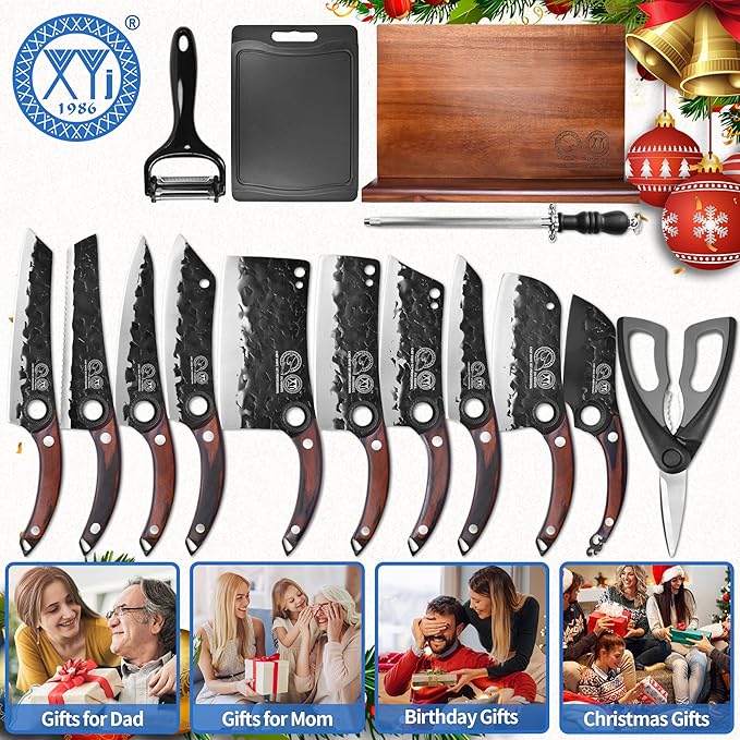 XYJ Authentic Since 1986,Knife Block Set,High Carbon Steel Forged Blades,Kitchen Knives Set with Wooden Magnetic Knife Block,Sharpening Steel,Cutting Board,Cleaver Slicing Knife,Wood Handle