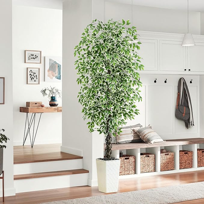 Artificial Ficus Tree Indoor 7FT Fake Plants Large Artificial Plant with Crack White Tall Planter, Green Lifelike Lush Fake Ficus Tree for Home Living Room Bedroom Outdoor Balcony House Office Decor
