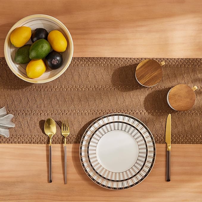 ZeeMart Macrame Style Boho Table Runner, Brown Table Runners 108 Inches Long, Farmhouse Woven Home Decor, 12x108 Inch, Caramel