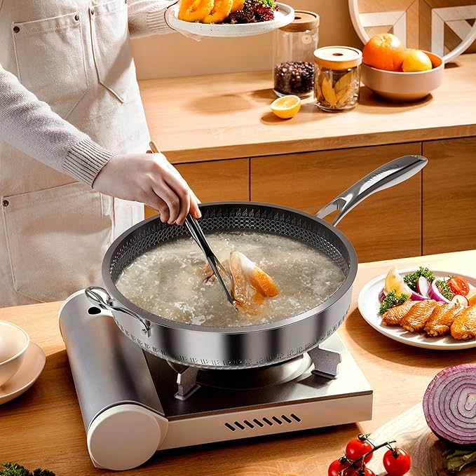CATHYLIN 316L Stainless Steel 7QT Frying Pan Hex Nonstick Wok with Lid,Single Handle to Hold, PFOA Free, Dishwasher Oven Safe (7QT/Single Handle)