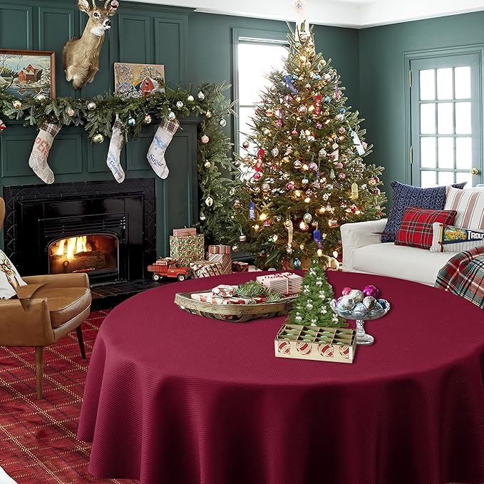 Biscaynebay Textured Fabric Round Christmas Table Cloths 108", Burgundy Water Resistant Washable Folding Table Covers for Dining, Kitchen, Wedding, Parties Machine Washable