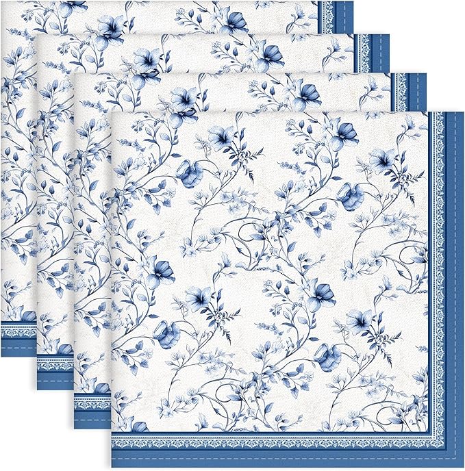 Blue Rose Watercolor Floral Print Cloth Napkins 100% Cotton, 18" X 18" Dinner Napkins Cloth Set, Washable Napkins for Home, Kitchen, Dinner, Party, Wedding, Cocktail, Set of 4