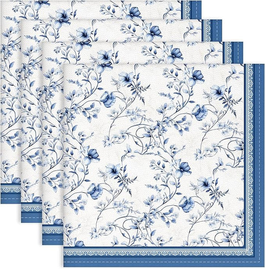 Blue Rose Watercolor Floral Print Cloth Napkins 100% Cotton, 18" X 18" Dinner Napkins Cloth Set, Washable Napkins for Home, Kitchen, Dinner, Party, Wedding, Cocktail, Set of 4