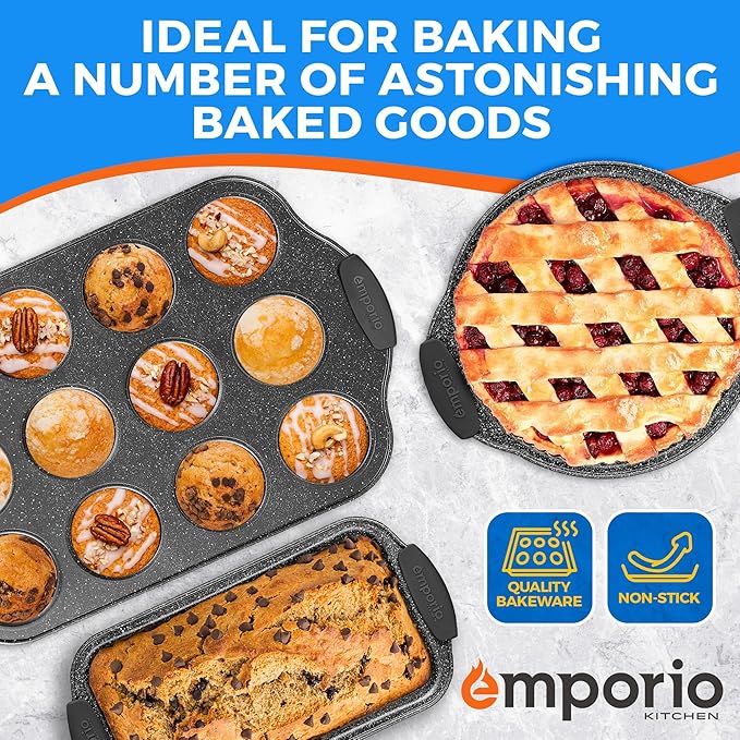 Emporio Kitchen Baking Pan Set - Nonstick Coating, Carbon Steel Bakeware Set with Red Silicone Handles, PFOA, PFOS, PTFE Free, Recipe Booklet Included, Oven Safe Tray (Up To 450° F), Set of 6 - Black