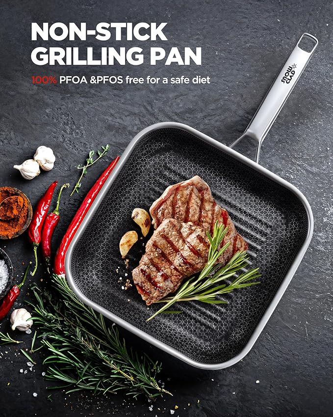 SNOWCLAD Nonstick Grill Pan,12 Inch Square Steak Grilling Pan for Indoor Cooking & Outdoor Grilling, Non Stick Stainless Steel Grill Skillet Steak Pan, PFOA Free cookware