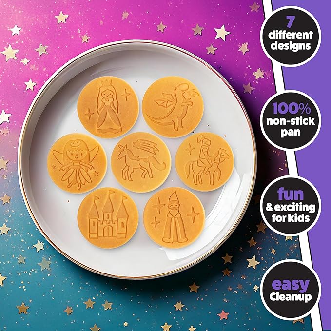CucinaPro Fantasy Friends Mini Pancake Pan - Nonstick Griddle w Long Handle for Breakfast Magic, Featuring a Princess Castle & More, 7 Unique Flapjacks- Kitchen Baker- Girls Easter Basket Stuffer Gift