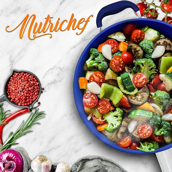 NutriChef 14" Non-Stick Large Frying Pan, Ceramic Coating, Stainless Steel Aluminum Frying Pan with Silicone Handle, Stain-Resistant, PFOA Free – Safe for Gas, Electric, Induction, Ceramic Cooktops