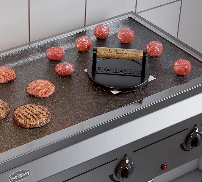 Fire Beauty Burger Press,Cast Iron 6.5" Enamel Surface Grill Press with Wood Handle,Food-Grade Smash Burger Press for Seared Bacon, Steak&Burger