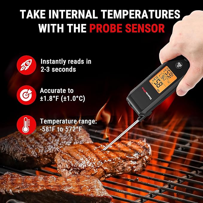 ThermoPro 2-in-1 Instant Read Thermometer for Cooking, Infrared Thermometer Cooking Thermometer with Meat Probe, Non-Contact Laser Meat Thermometer for Griddle Grill Pizza Oven HVAC Pool, Black