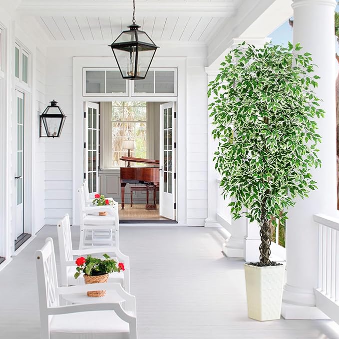 Artificial Ficus Tree Indoor 7FT Fake Plants Large Artificial Plant with Crack White Tall Planter, Green Lifelike Lush Fake Ficus Tree for Home Living Room Bedroom Outdoor Balcony House Office Decor