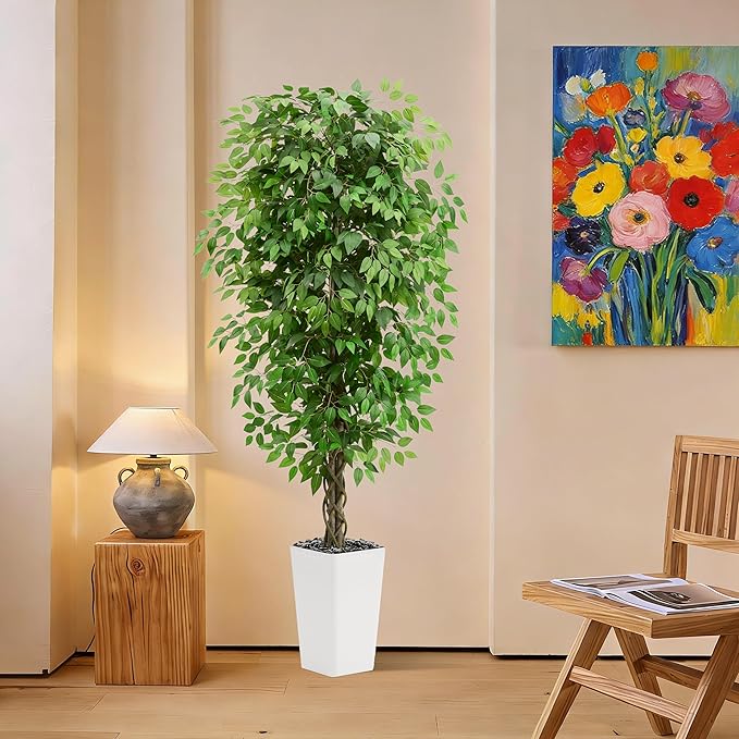 Artificial Ficus Tree 6FT Faux Plants Indoor Tall Fake Plants with White Planter, Green Lifelike Lush Fake Ficus Tree for Home Living Room Bedroom Outdoor Balcony House Office Decor