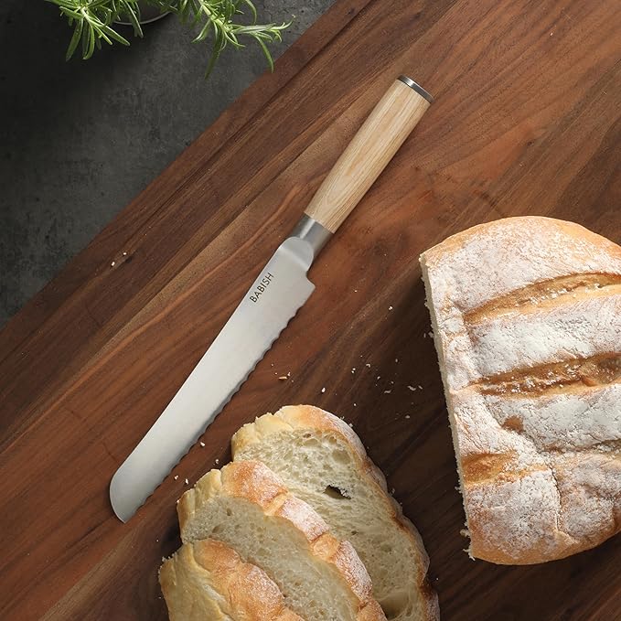 Babish 8-Inch Bread Knife – High-Carbon 1.4116 German Steel Serrated Knife with Light Pakka Wood Handle, Full-Tang Razor Sharp Kitchen Knife for Slicing Bread, Crusting & Artisan Loaves