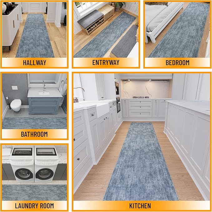 Ottomanson 2-Piece Kitchen Rug Set - Non Slip Runner & Washable Mat - 1'11" x 4' + 1'11"' x 5' - Durable, Stain Resistant for Entryway, Bedroom and Bathroom, Solid Greyish Blue